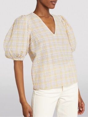 GANNI Lavender & Yellow Plaid V-Neck Puff Sleeve Top